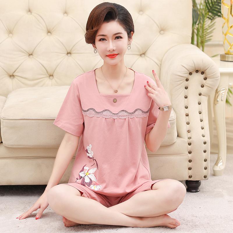 Women's Summer Clothing Sets Middle-aged and Elderly Loose Short-sleeved Blouse + Seven-piece Pants Home Two-piece Set