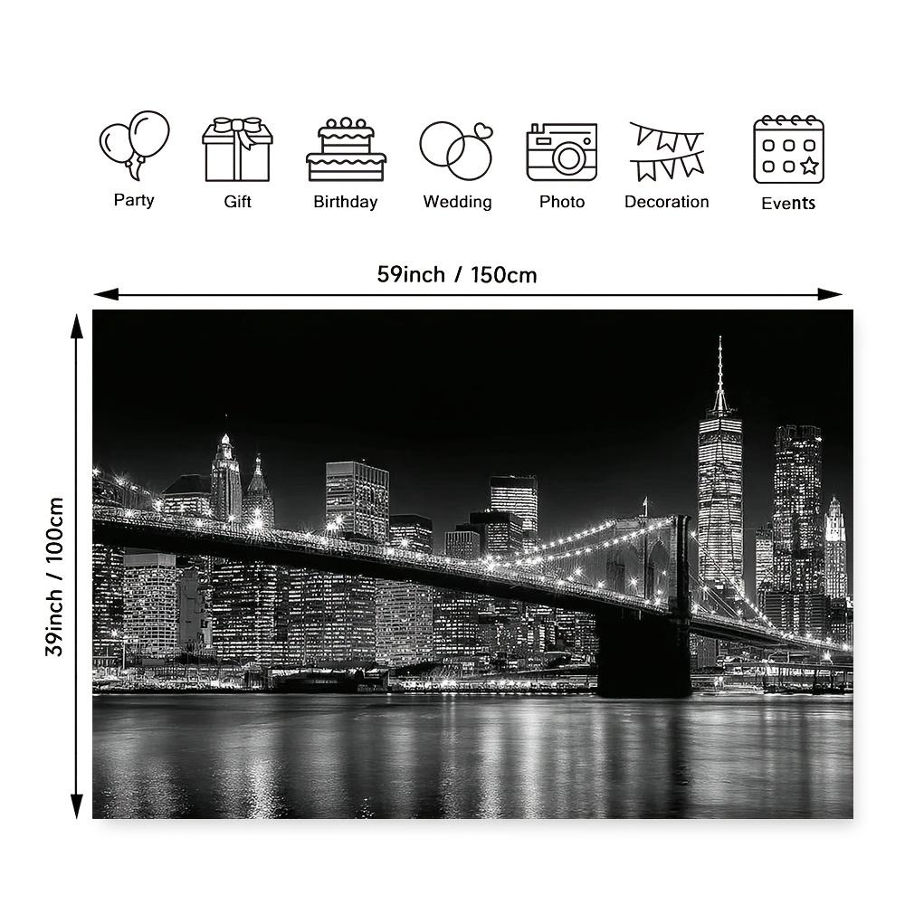 2D plan, 1 New York City skyline and Brooklyn Bridge wall sticker - Black and white New York night scene background