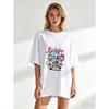 Women's Short-Sleeve T-Shirt with Colorful Cartoon "Zakubu" Bunny Characters & Pink Car Print