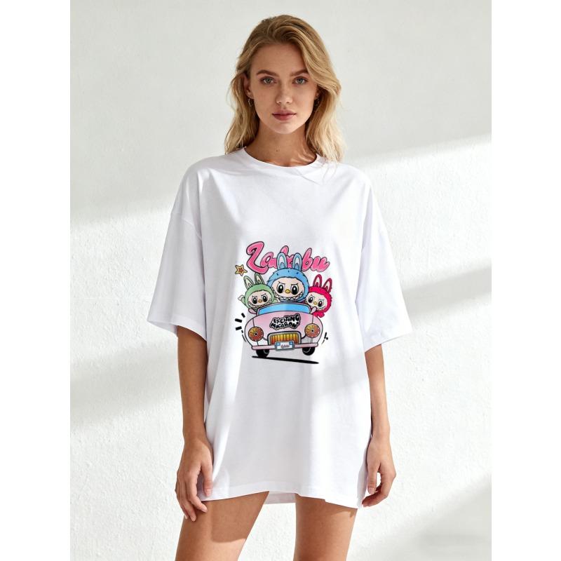 Women's Short-Sleeve T-Shirt with Colorful Cartoon "Zakubu" Bunny Characters & Pink Car Print