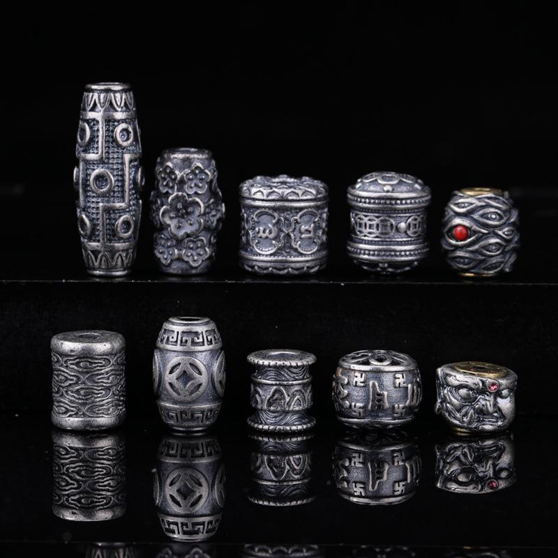 Antique-Finish Vajra Scepter Beads: Color-Preserving Silver Six-Syllable Mantra Spacer for DIY Tibetan Bracelets