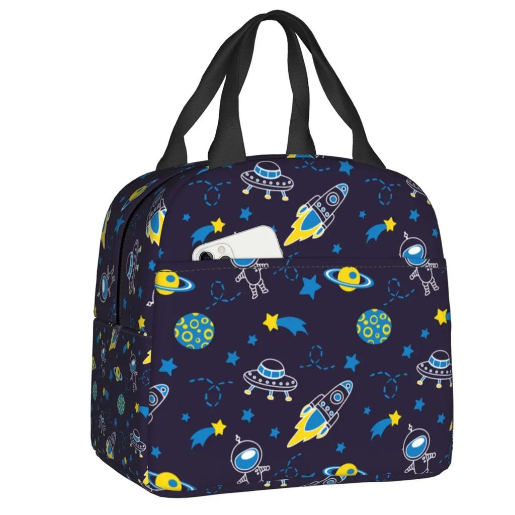 Cartoon Space Planet Rocket Thermal Insulated Lunch Bag Women Astronaut Spaceship Portable Lunch Box for Kids School Food Bags