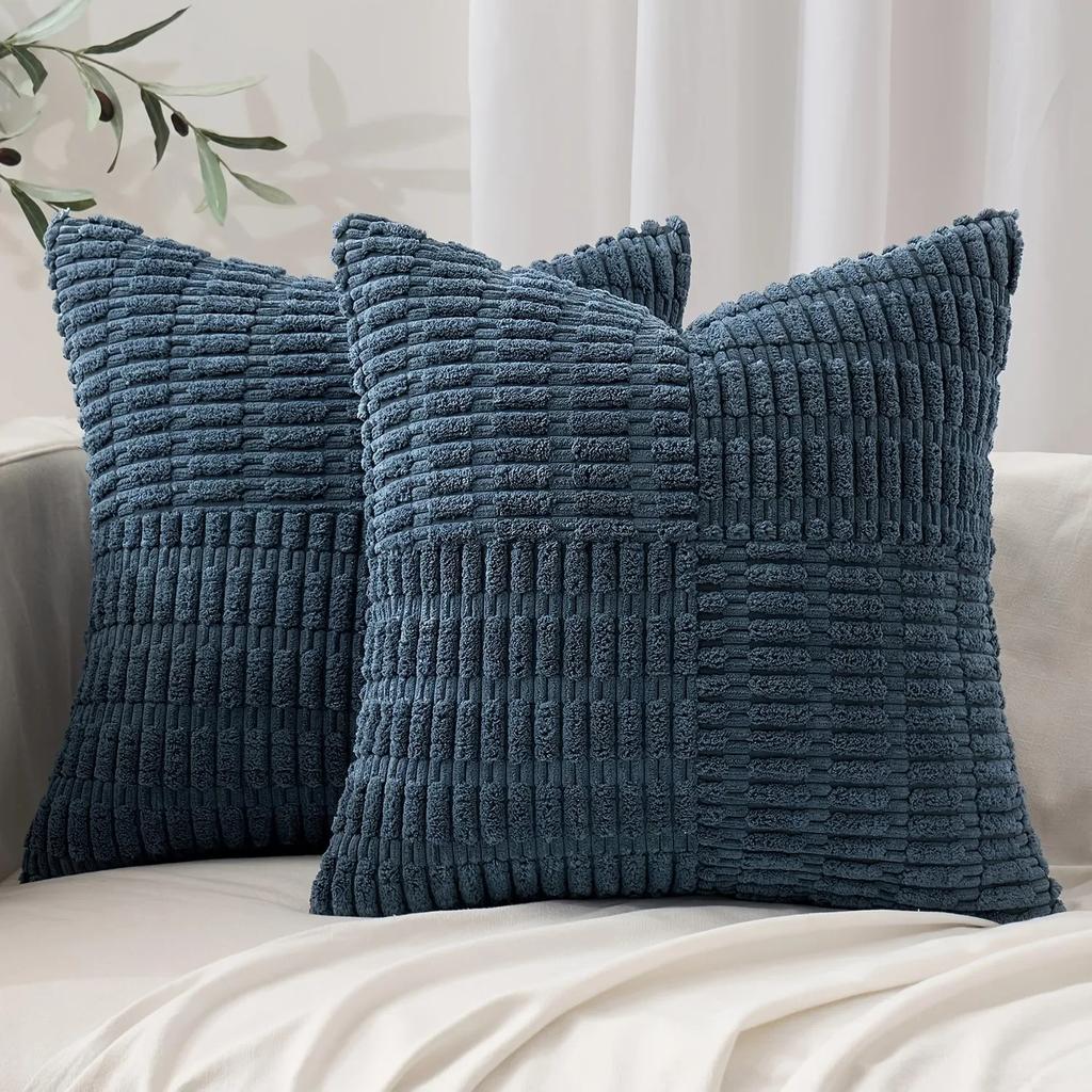 Blue Throw Pillow Covers 18x18 Inch Soft Corduroy Pillow Cover Boho Textured Striped Patchwork Cushion Case for Couch Sofa Bed