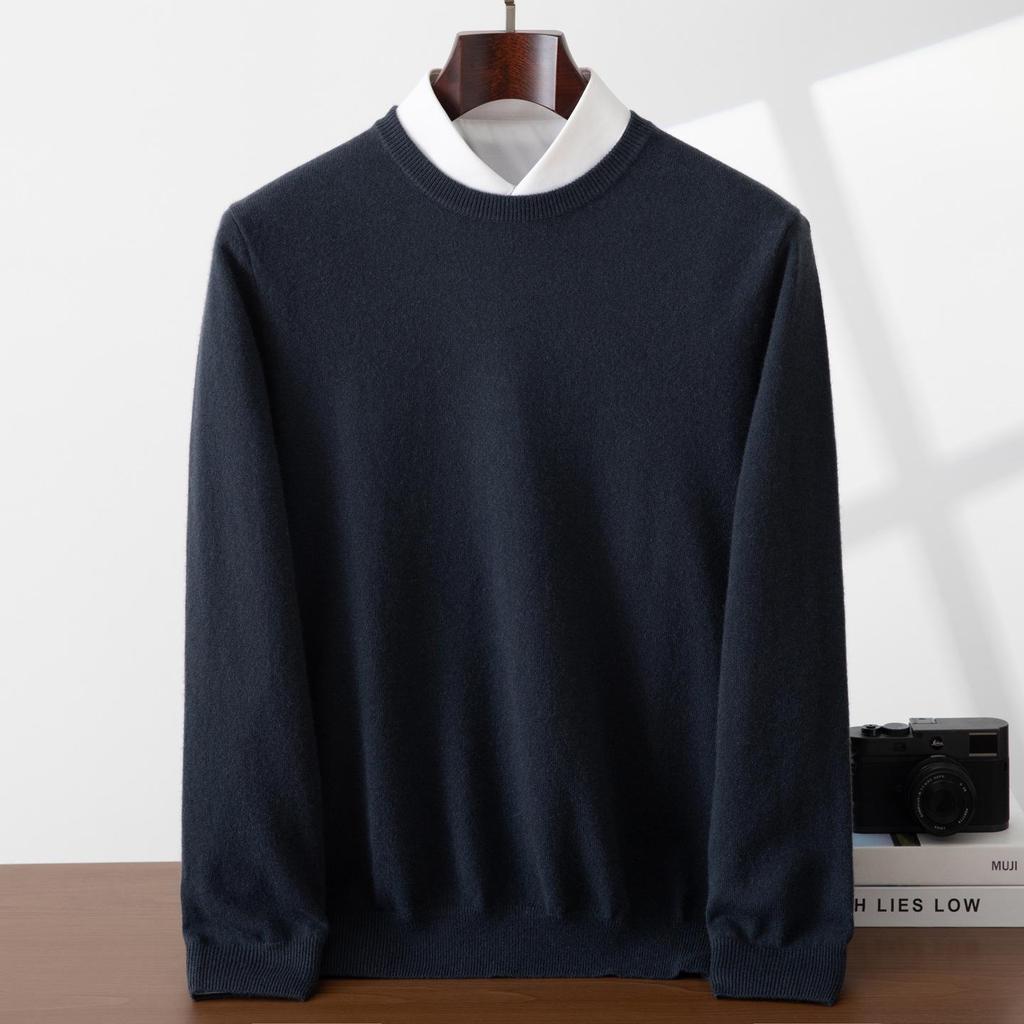 Men's 100% Pure Cashmere Round Neck Sweater - Casual, Loose Fit, Plain Knit, White