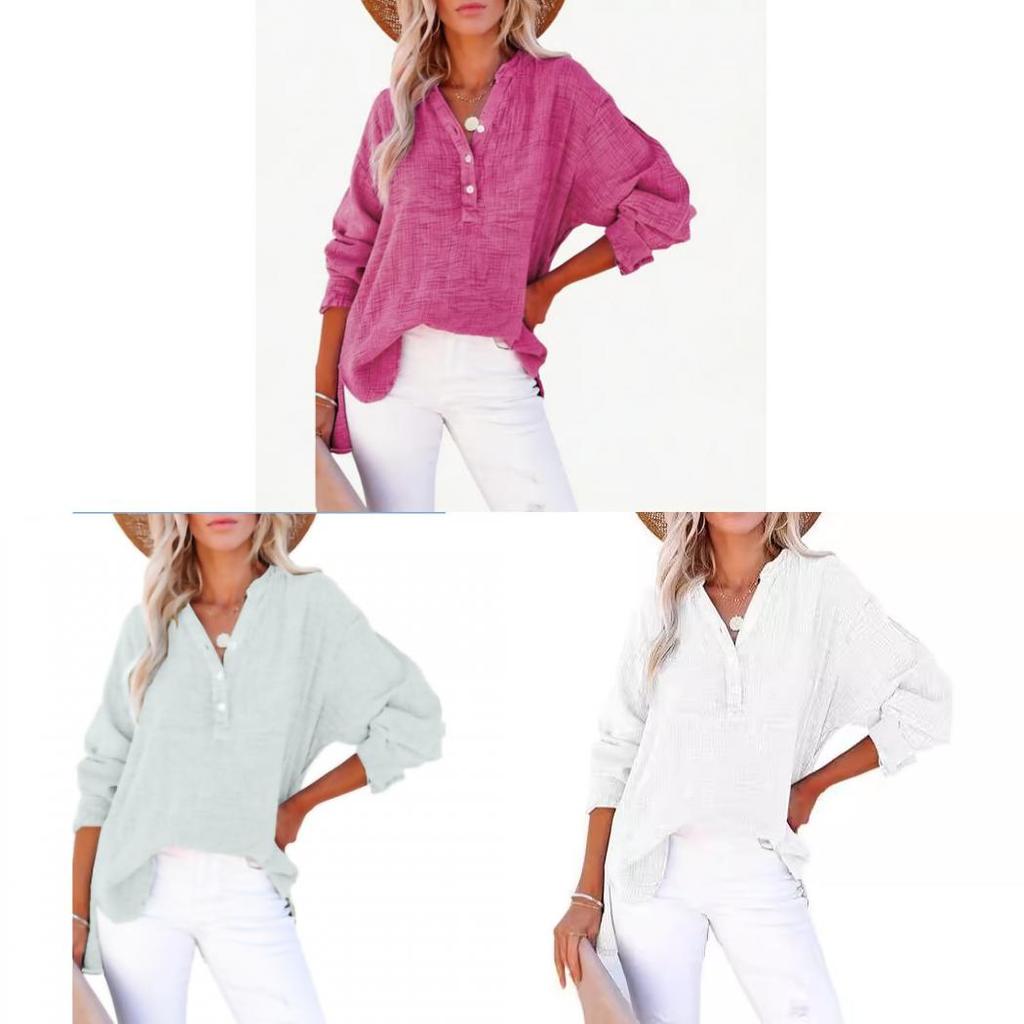 Street Style Wrinkled Cotton Long Sleeve Shirt For Women With Button Closure