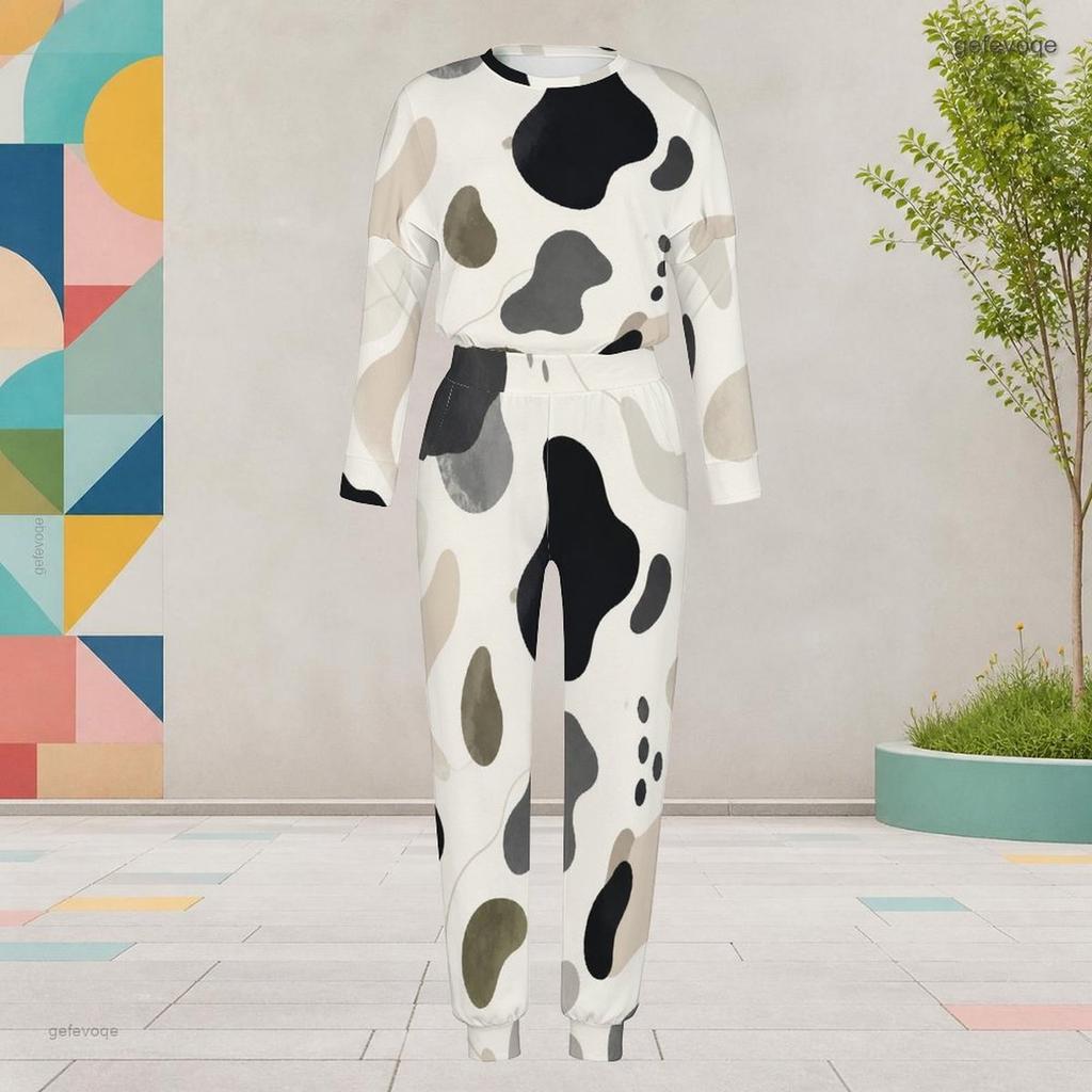 Women Plus Size Printed Round Neck Long Sleeve Cuffed Top And Cuffed Pants Two Piece Set With Pockets