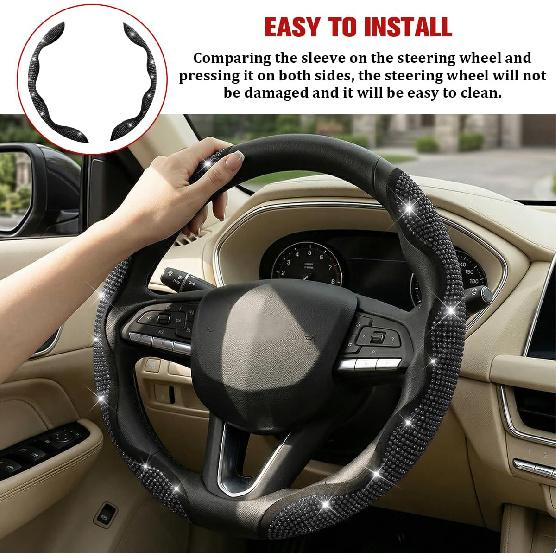 2PCS Bling Car Steering Wheel Cover, Crystal Rhinestones Segmented Vehicle Steering Wheel Wrap Cover, Sparkly Automotive Interior Protective