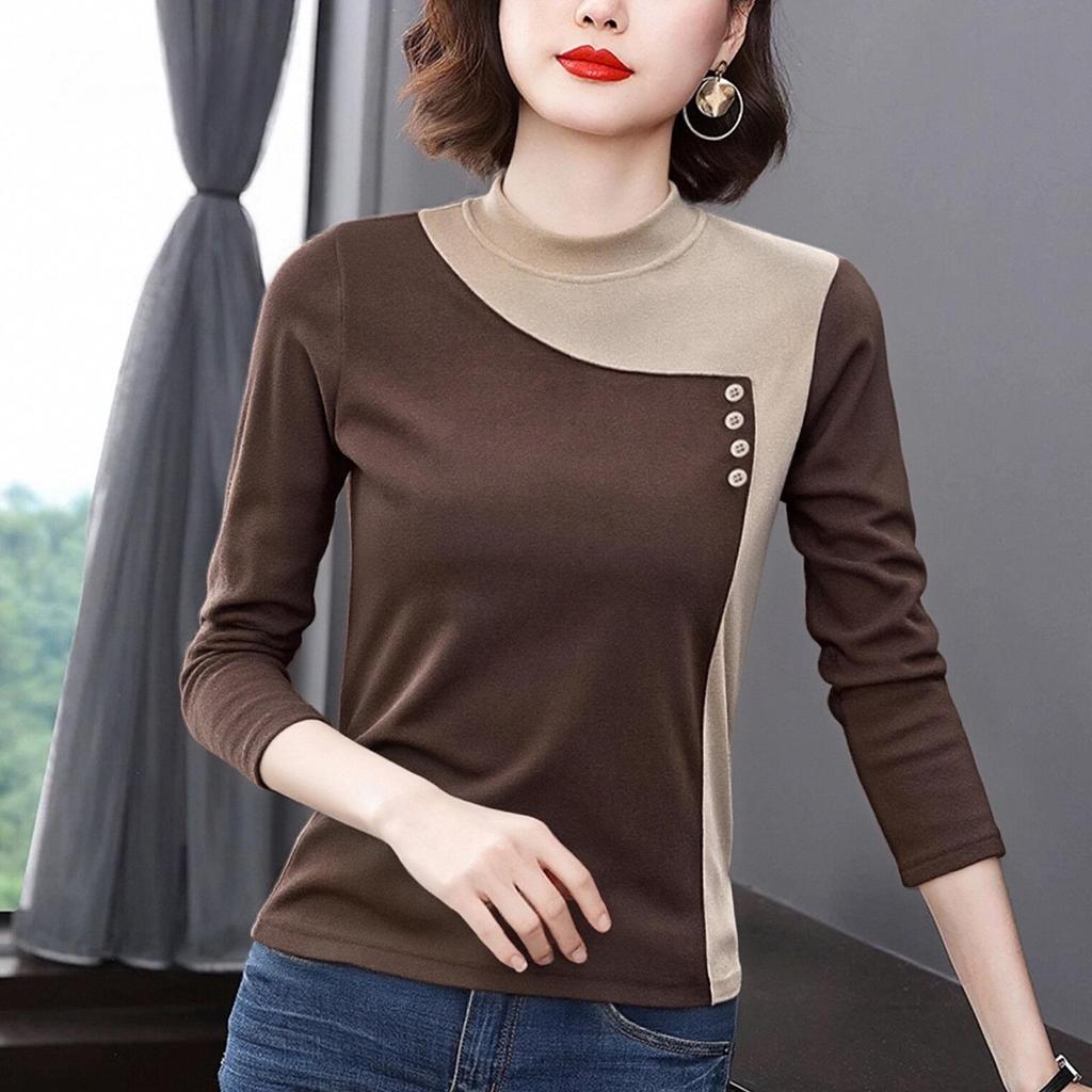 Women's Slim Thermal Patchwork Fleece T-Shirt for Autumn/Winter