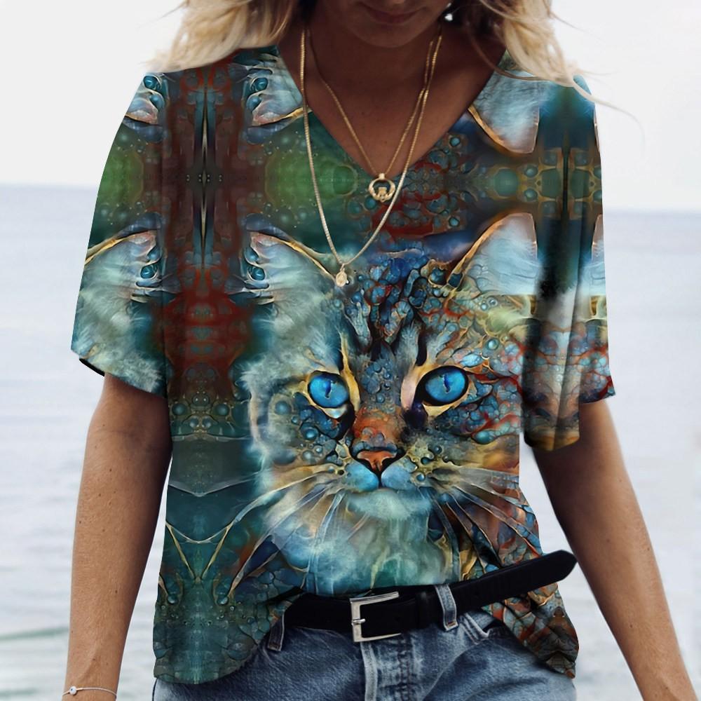 Summer V-neck 3D Cat Printed Top Fashionable Casual Short Sleeved Women's T-shirts