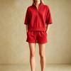 Damen Lässiges Sport-Zweiteiler-Set mit halbem Reißverschluss und geripptem Kragen, Kurzarm-Oberteil und Shorts, Loungewear