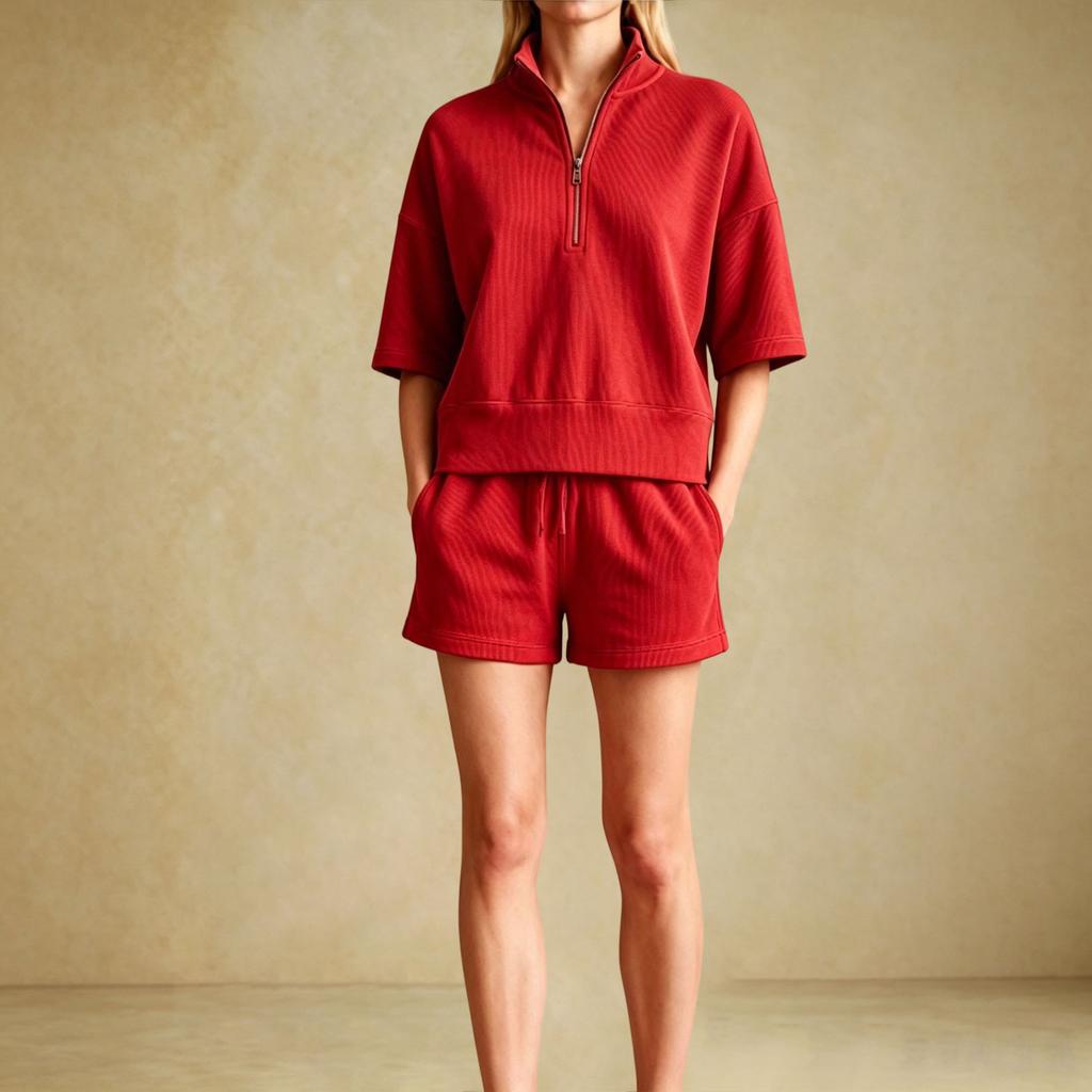Damen Lässiges Sport-Zweiteiler-Set mit halbem Reißverschluss und geripptem Kragen, Kurzarm-Oberteil und Shorts, Loungewear