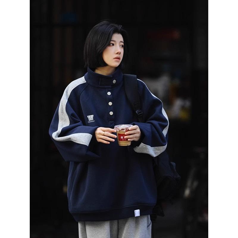 Loose Stand Collar Patchwork Retro Japanese Casual Pullover Sweatshirt Mens Workwear Outerwear