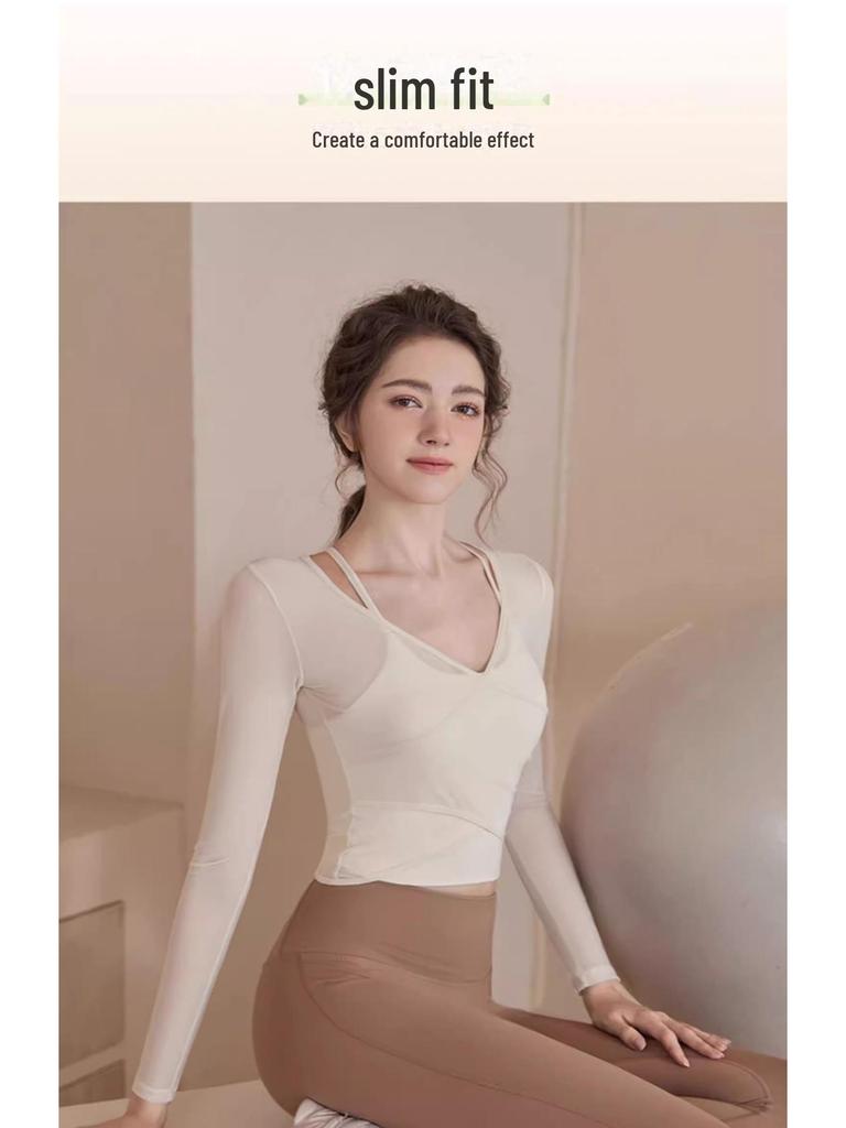 Women's Spring Yoga Suits: Chest-Pad Sports Top, Slimming Blouse, Pilates Fitness, Long Sleeve