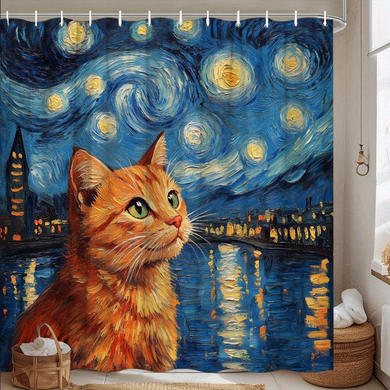Van Gogh-Inspired Starry Night Cat Shower Curtain - Orange Tabby with Green Eyes Under Starry Sky, Cityscape Reflection