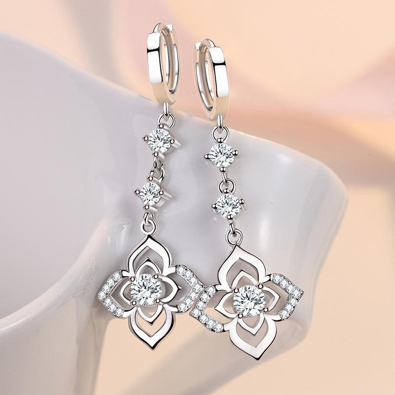 KOFSAC Fashion Zircon Four-leaf Clover Hoop Earrings For Women Exquisite 925 Silver Flower Earring Jewelry Lady Gifts