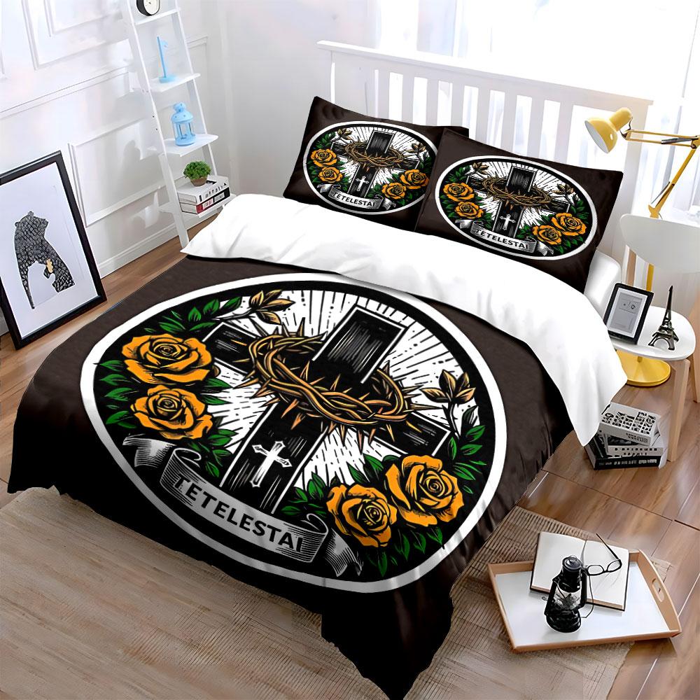 Faith-Inspired Rose Cross Set Exquisite Three-Piece Bedding Set Gift For Kids And Adults
