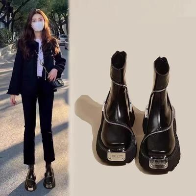 Square Heel Spring/autumn Modern Boots Round Toe Low Heel Ladies Shoes  High Quality Solid Zipper Punk Women's Boots
