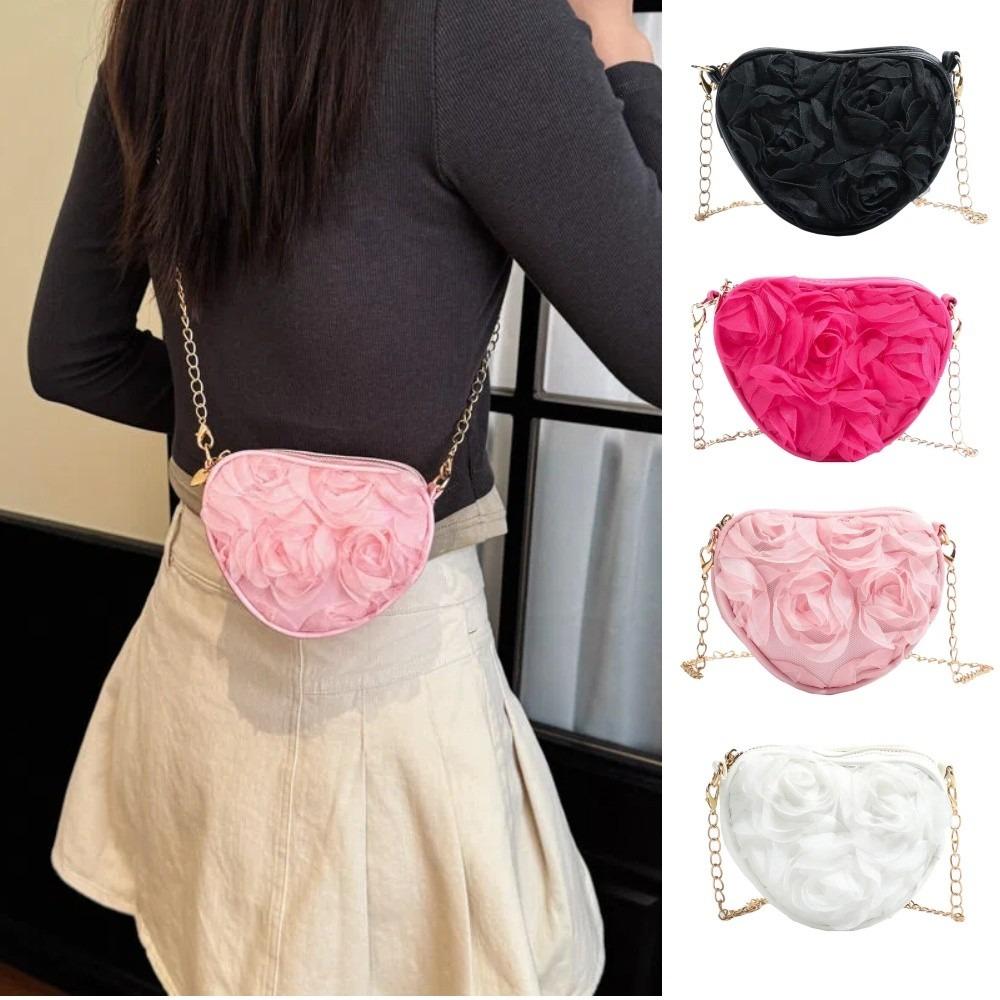 PU Leather Women Heart-shaped Crossbody Bag Large Capacity Lightweight Crossbody Bag Tote Bag Zipper Rose-shaped Chain Bag