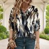 Women Plus Size V Neck Half Zip Long Sleeve Striped Printed Blue White Sweatshirt