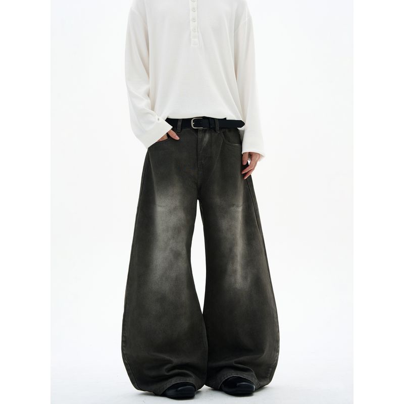 Kisko American Retro Washed Distressed Loose Scimitar Jeans Unisex Trendy Brand Cool Straight-Leg Drape Pants