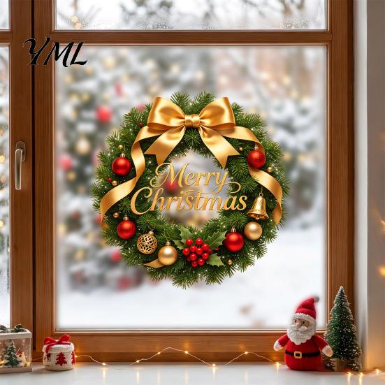 Christmas Home Accessories Wreath Window Stickers, Retro Santa Claus PVC Decals, Waterproof Decorative Seasonal Storefront Display Static Clings