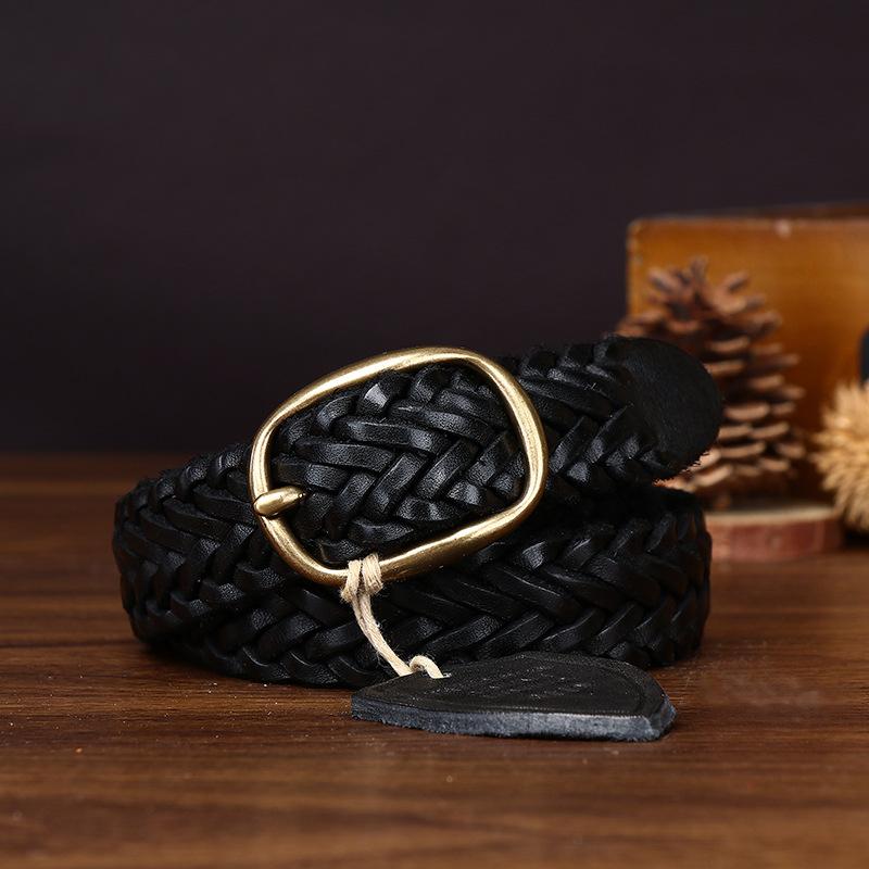 New Leather Copper Buckle Handwoven Belt Women'S Leather First Layer Cowhide Versatile Retro Woven Jeans Belt
