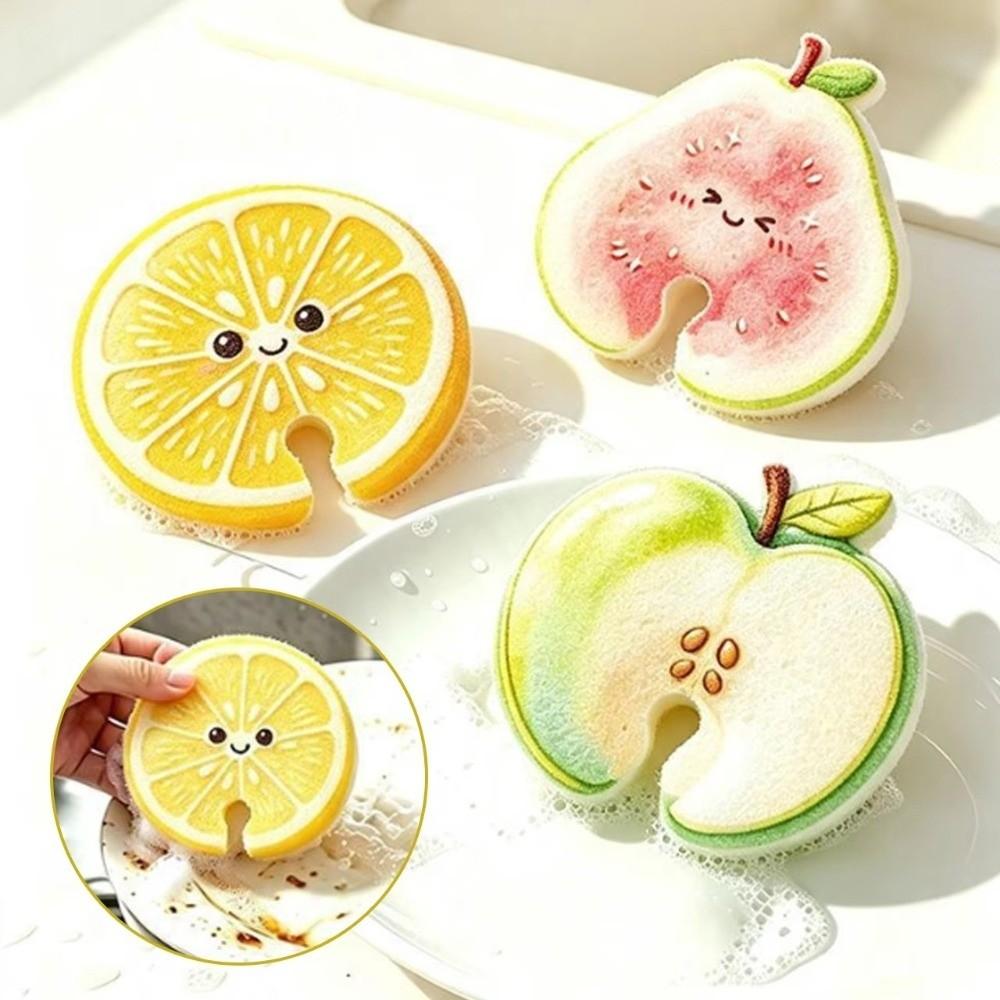 3Pcs Dual-Sided Fruit Shaped Cleaning Sponge Quick Dry Cute Fruit Dish Scrubber Household