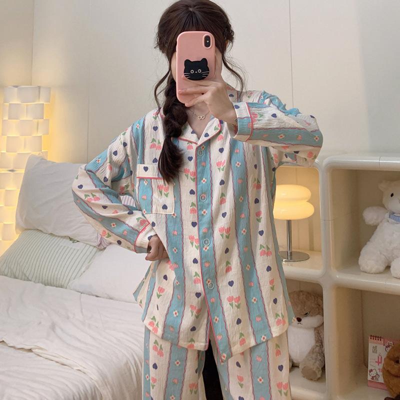 Spring And Autumn New Tulip Love Cloud Cotton Pajamas Women'S Printed Long-Sleeved Trousers Loungewear