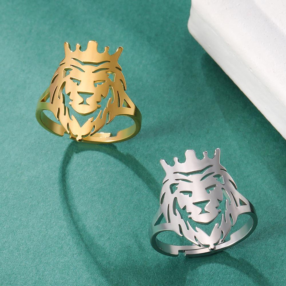 Dawapara Lion Head Ring Adjustable Norse Animal Totem Ring Strength Talisman Wedding Band Stainless Steel Jewelry