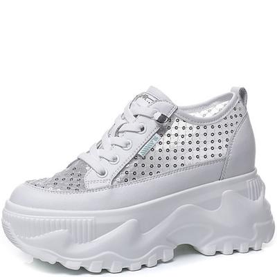 New White Women Lace Up Wedges High Heel Pumps Rhinestone Glitter Female Breathable Chunky Platform Fashion Sneakers 34-39