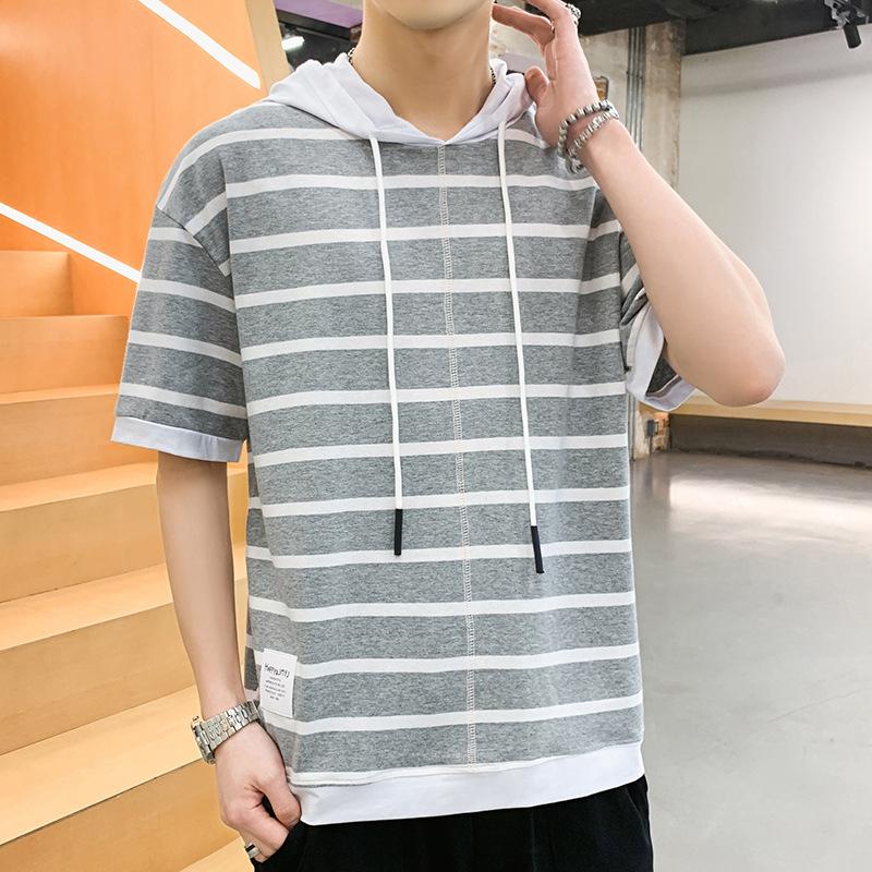 IELGY Рубашка с половиной рукавов Полосатая футболка с короткими рукавами с капюшоном Повседневная модная контрастная цветная свободная тканевая нашивка мужская M серый