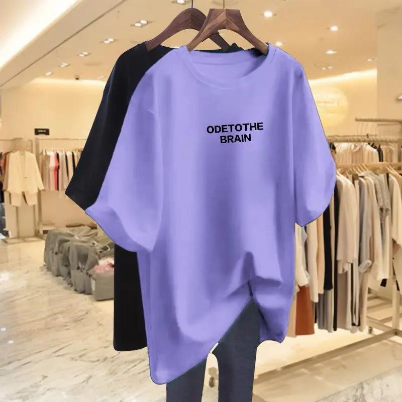 Loose women's printed T-shirt, pure cotton short sleeved top, single round neck, informal basic sweater