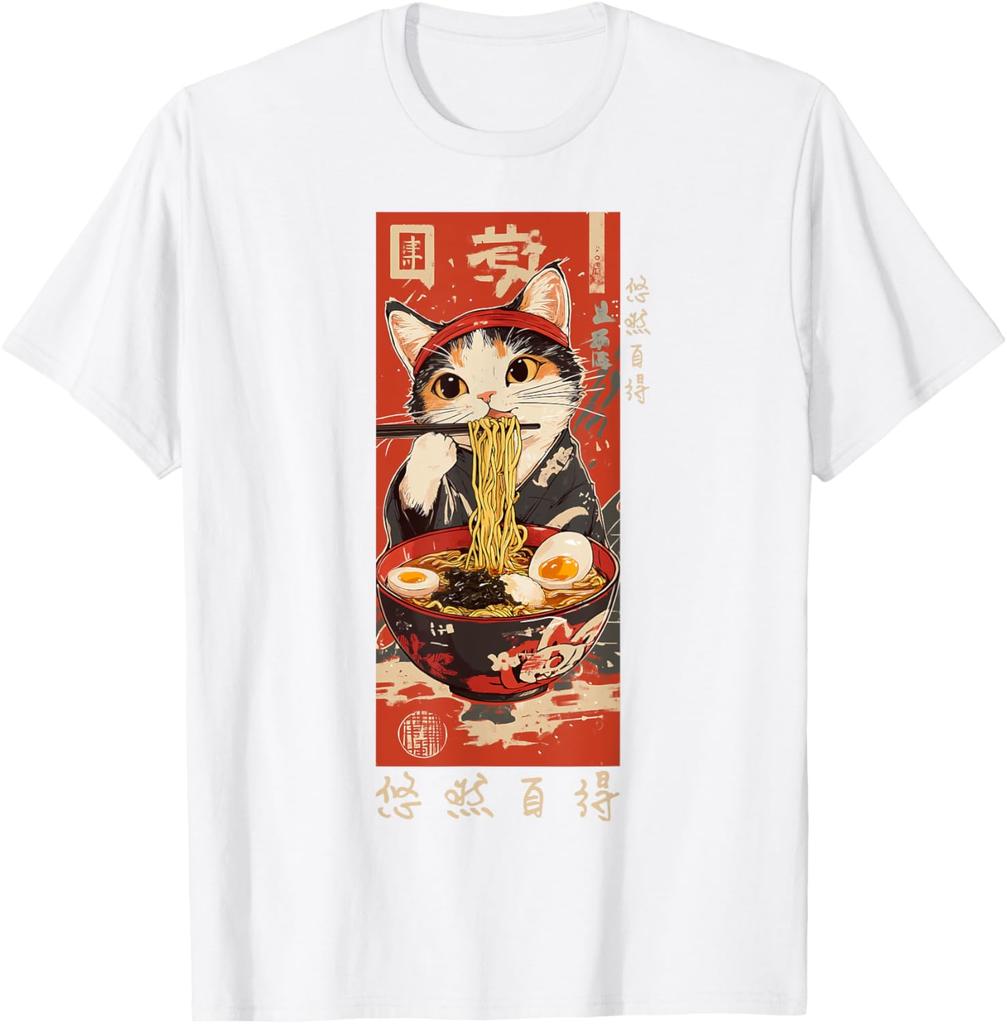 Ramen Cat Eating Noodles Japanese Ukiyoe Style Graphic Tee Casual Cotton TShirt for Men