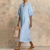 Robe d'été en coton et lin pour femme Robe tunique longue décontractée à manches courtes bouffantes Fermeture éclair Col rond Coupe ample Robe de vacances avec poches