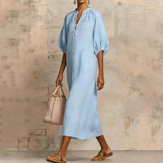 Robe d'été en coton et lin pour femme Robe tunique longue décontractée à manches courtes bouffantes Fermeture éclair Col rond Coupe ample Robe de vacances avec poches