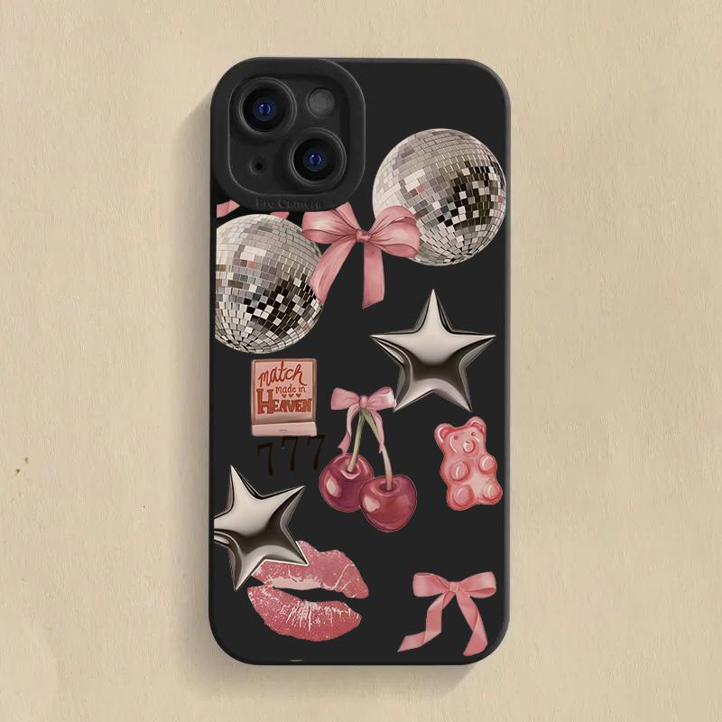 Sparkly Crystal Ball Pink Bow Cherry Pattern Case For  Poco F6 F5 X5 M6 X7 Pro Mi 15 14T 13T Pro 14 13 12 11 Lite NE Cover