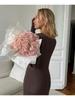 Women's Knitted Dress Elegant V Neck Thick  A-line Dress Brown Long Sleeve Vintage Midi Casual Dresses for Women