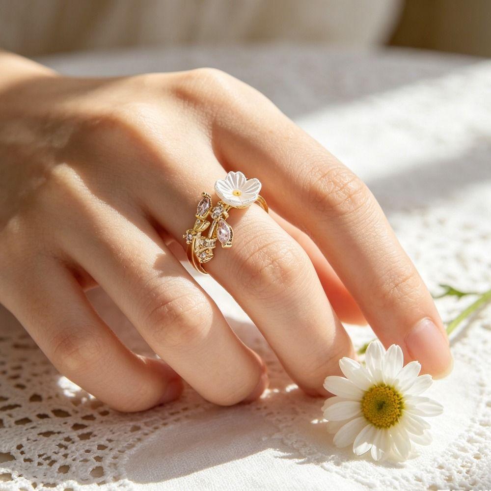 Adjustable Flower Crystal Ring Leaf Design Finger Jewelry Delicate Flower Opening Ring  Anniversary