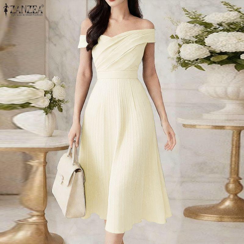ZANZEA Women Elegant Off Shoulder Sleeveless Pleated Party Dress