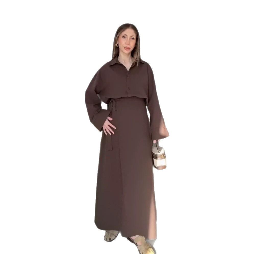 European and American women's clothing new elegant intellectual style solid color long-sleeved shirt high waist wide swing skirt set