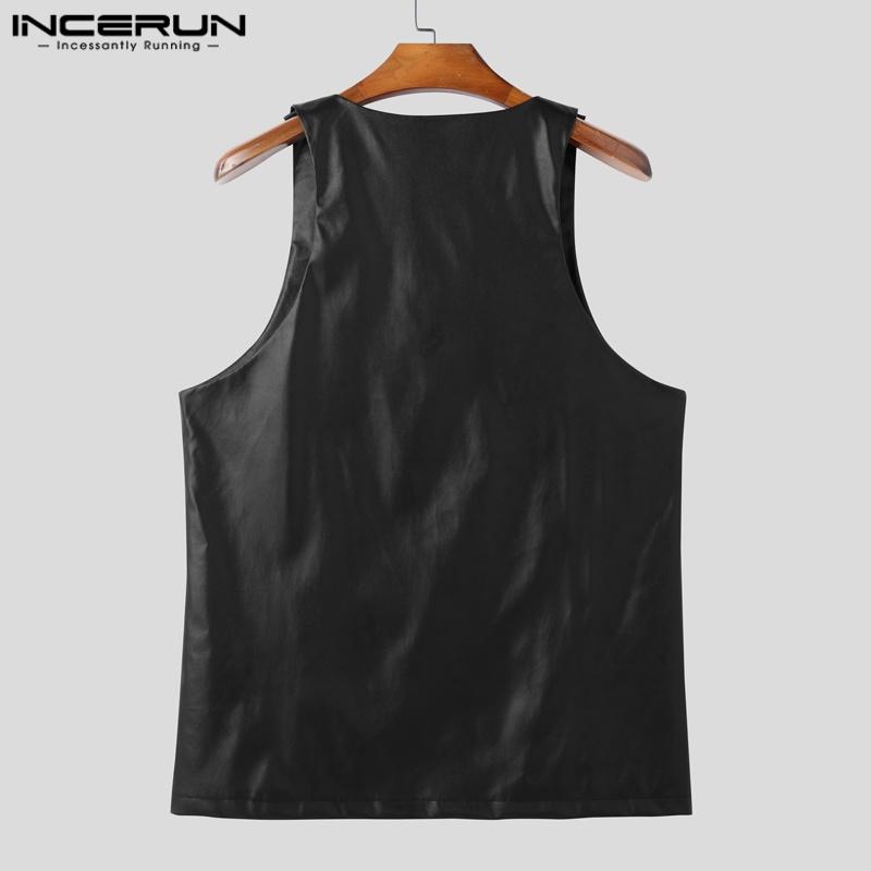 INCERUN Men Low Cut Neck Sleeveless PU Leather Casual Loose Tank Tops Tee