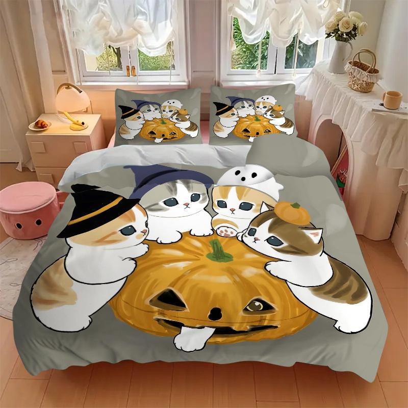 3pcs Halloween Kitties Quilt Cover Set - Soft & Comfortable Polyester Fabric, All-Season Breathable Comforter Set For 1 Quilt Cover & 2 Pillowcas