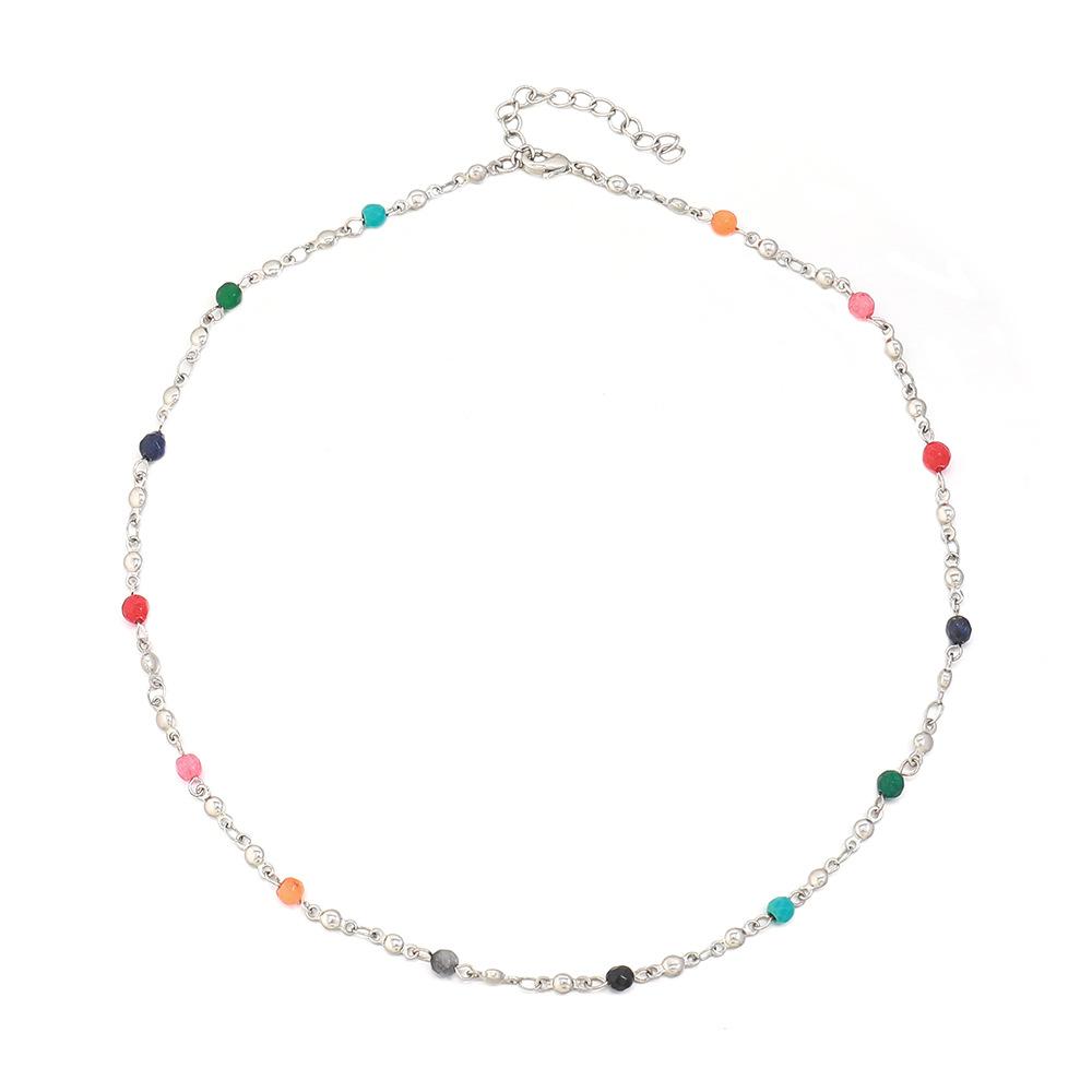 GEMCHIC Women s Rainbow Bead Natural Stone Choker Necklace Bohemian Style серебряный