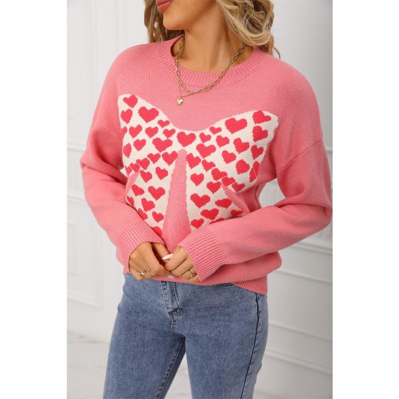 New Round-neck Long-sleeved Casual Top with A Bow and A Small Heart for Valentine's Day Knitted Sweater