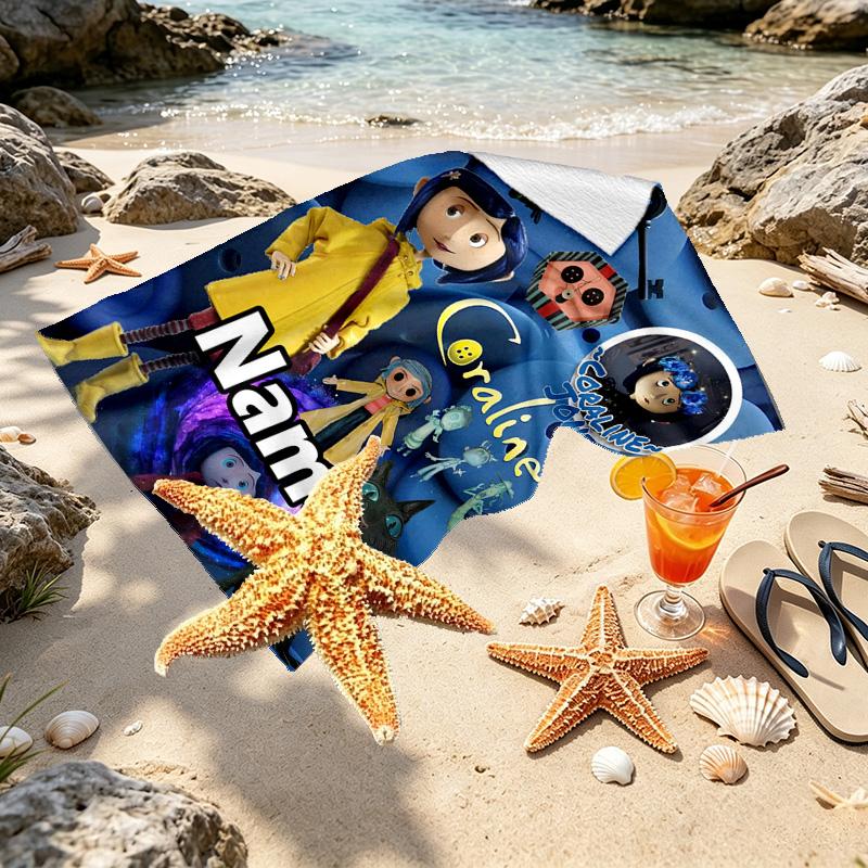 Custom Name Personalized Coraline Print Beach Towel, for Trip Camping Beach Party Home Decor, Birthday Gift for Family & Friends