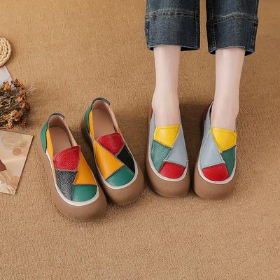 La primera capa de piel de vaca primavera y otoño nuevos zapatos casuales de plataforma muffin para mujer versátiles moda combinación de colores de cuero zapatos de mendigo