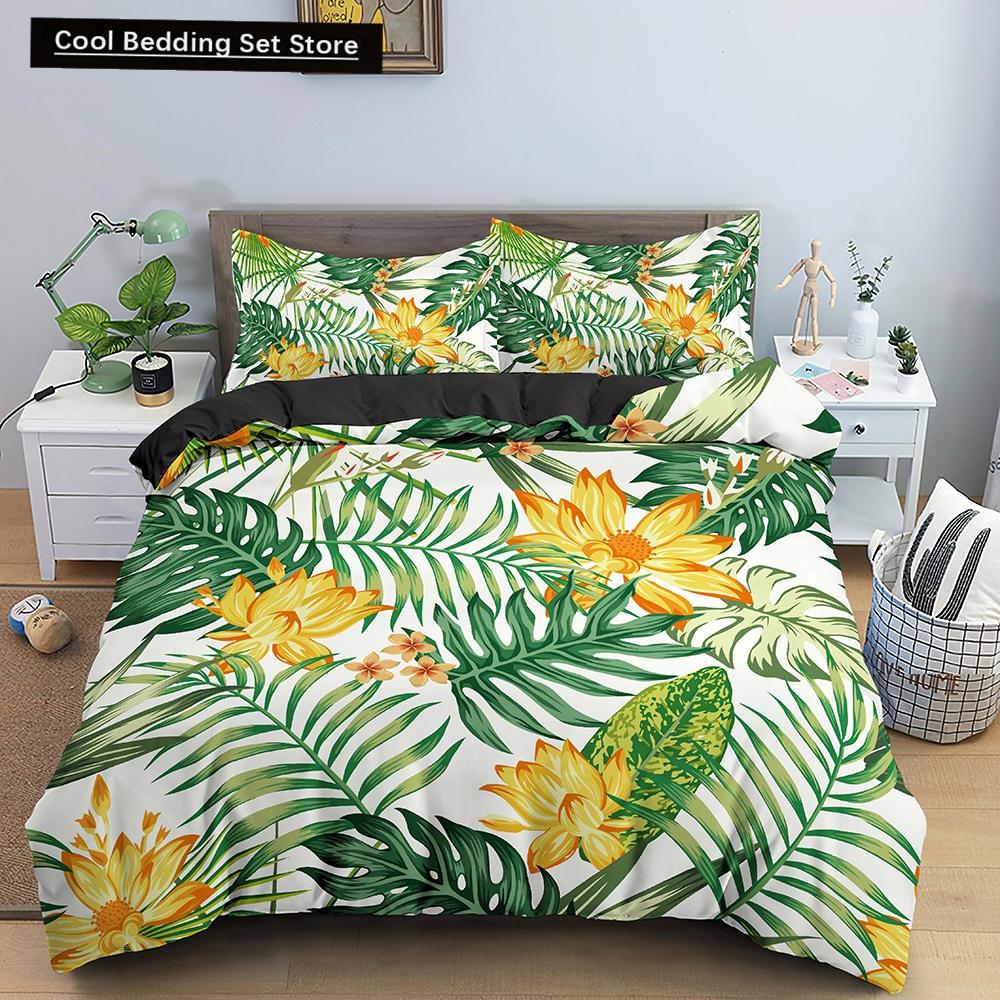 Příroda Tropické Zelené Listy Král Královna Ložní Souprava Deštný Prales Džungle Rostlina Povlak na Přikrývku 3D Botanický Polyesterový Povlak na Peřinu