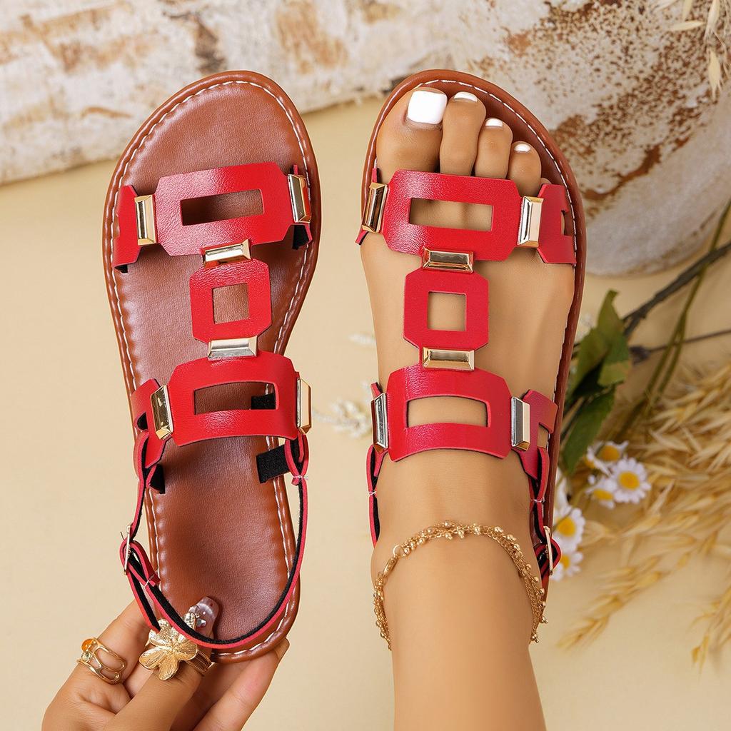 Large size metal flat bottom one-word slippers Large size new open-toed beach cool slippers