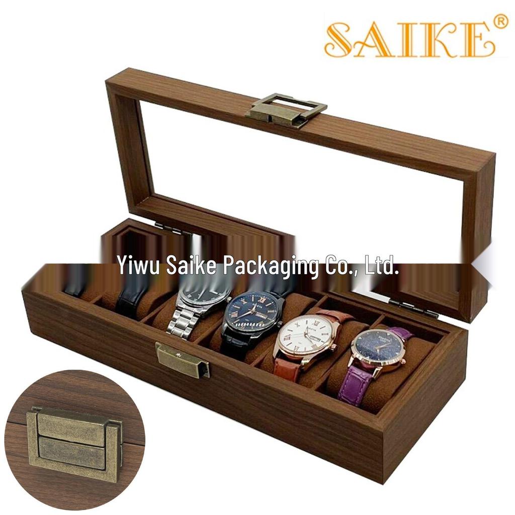 Vintage Wooden 6-Slot Watch Storage Display Box In Black Walnut