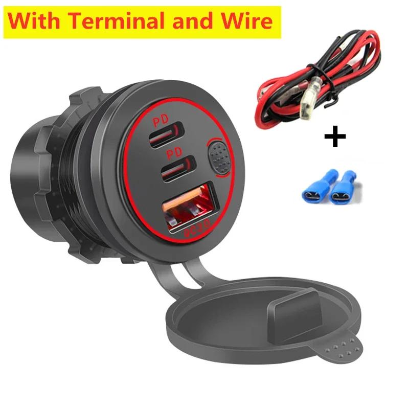 Dual PD & QC 3.0 3-Ports Quick Charge 112W Aperture Car Fast Charger Outlet Socket For 12V 24V Motorcycle Boat Marine Truck ATV